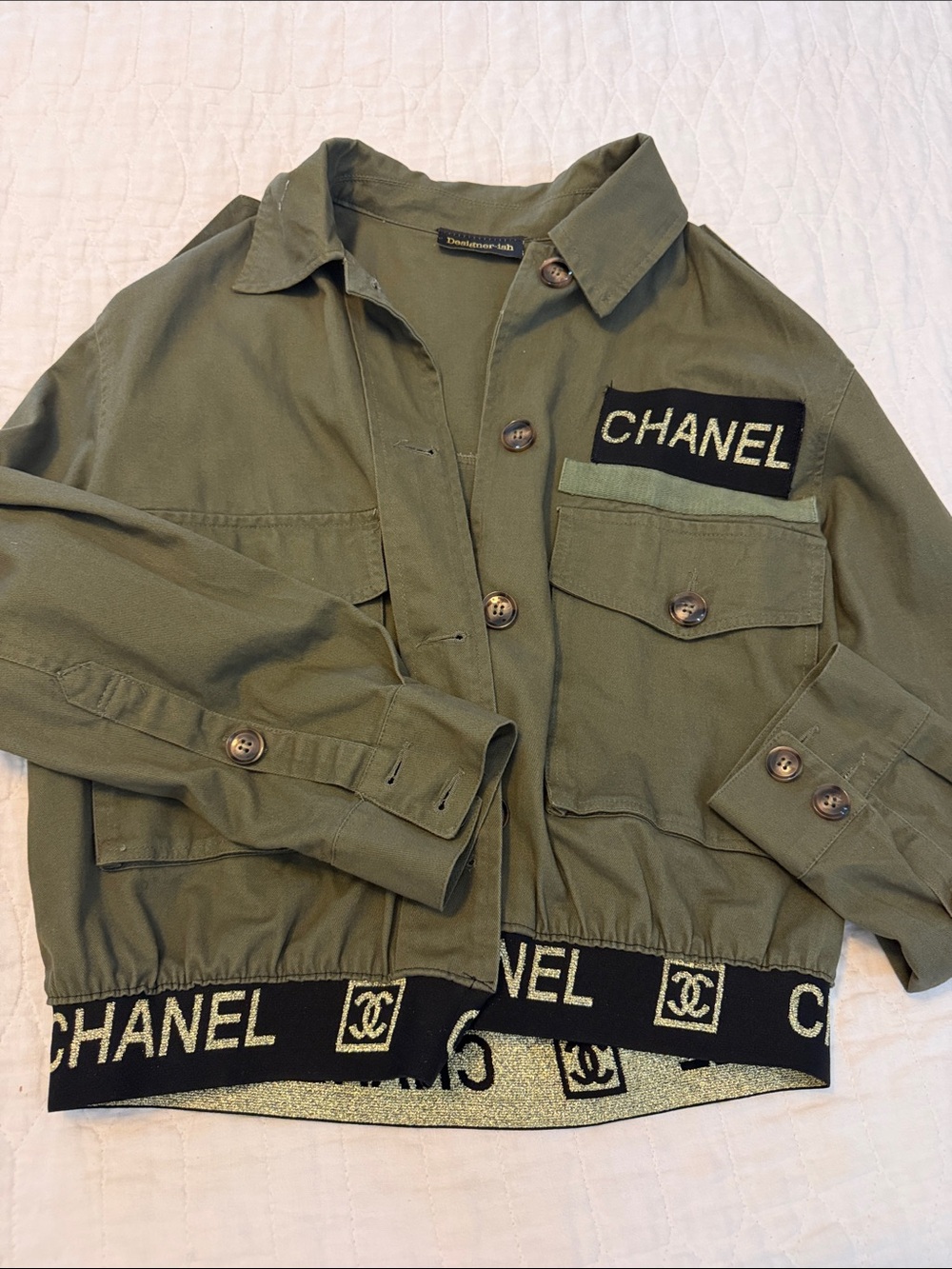 Up Cycled CHANEL clothing   Olive Green Military-Inspired Logo Jacket
